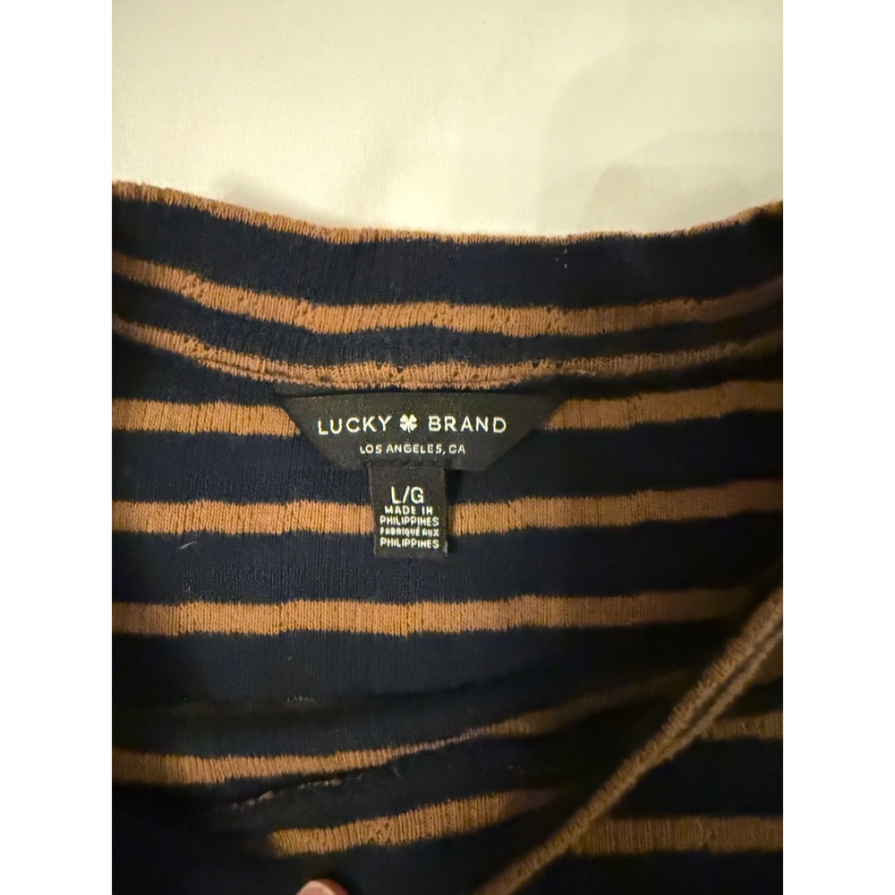 Lucky Brand Women Navy Brown Striped Puff Sleeve Ribbed Knit Top 7WD61577 Large - Picture 2 of 7